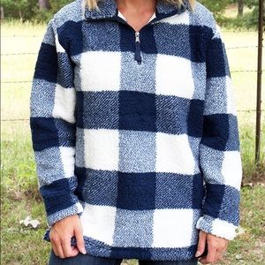 Blue White Buffalo Plaid Sherpa Pullover